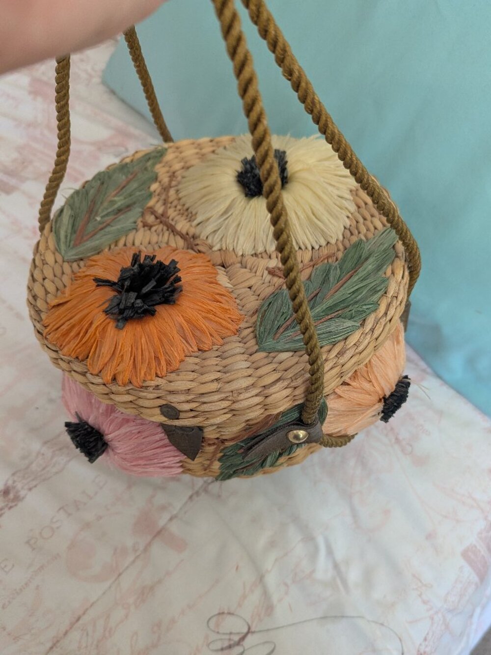 Vintage Floral Wicker And Straw Purse By Ponces Creations Philippines, 50's-60's - Picture 12 of 15